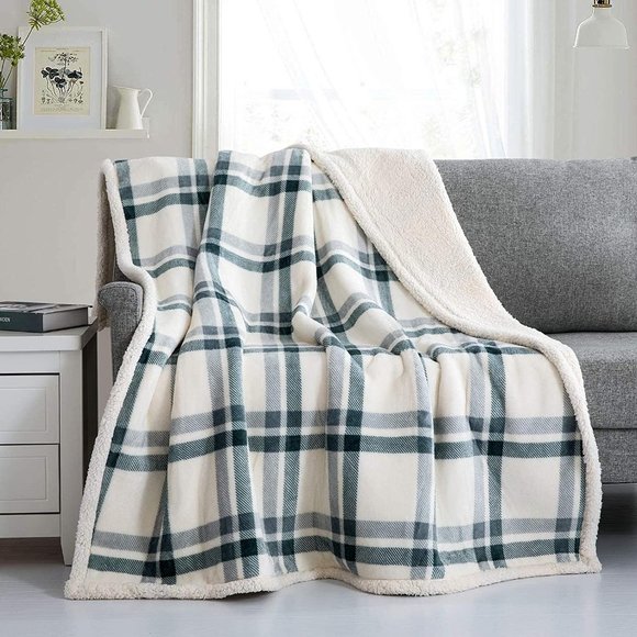 Luxury Oversized Sherpa Blanket Flannel Blanket Green White